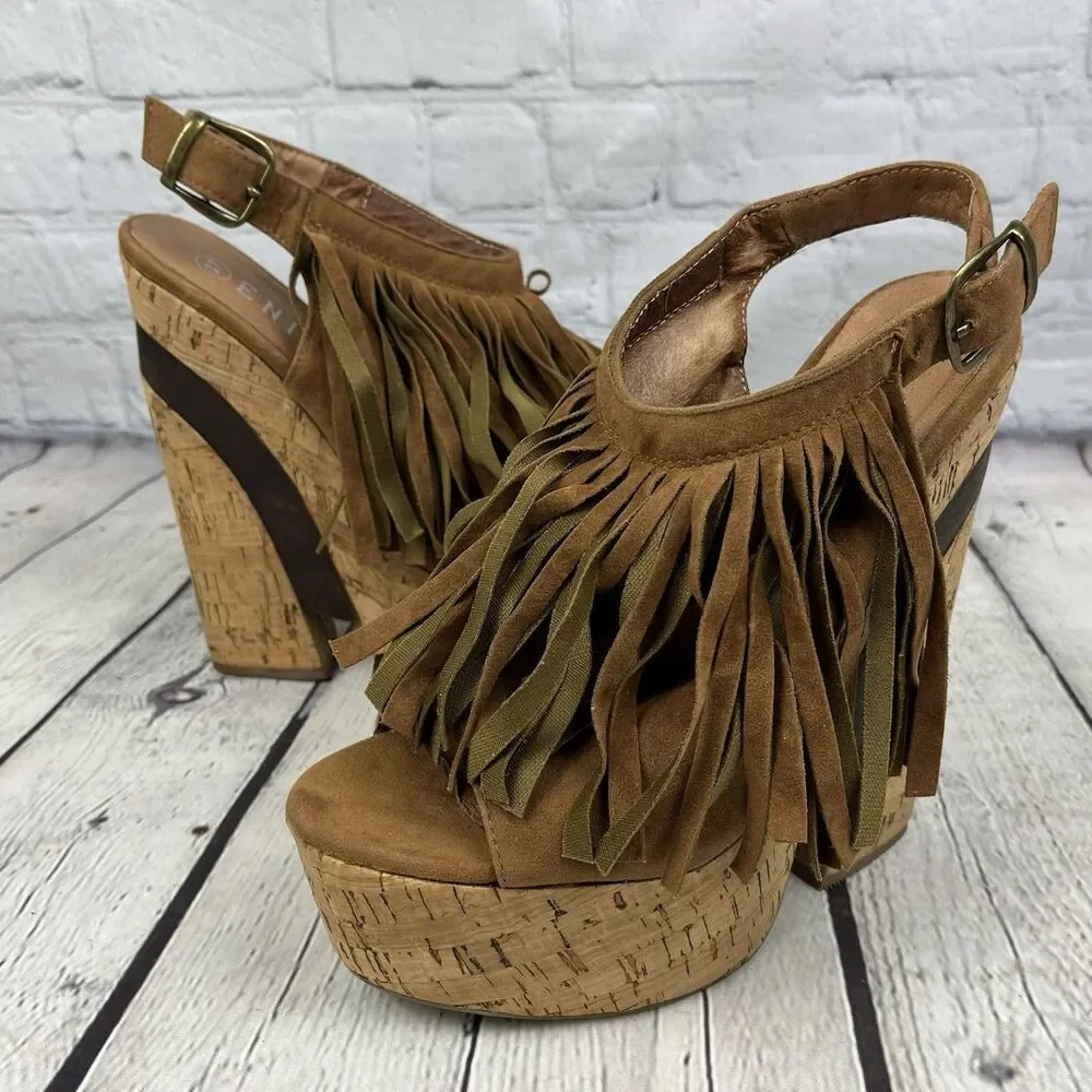 Enigma Fringe Wedge Sandal Womens Size 37 /6.5 US Brown Faux Suede Boho Hippie
